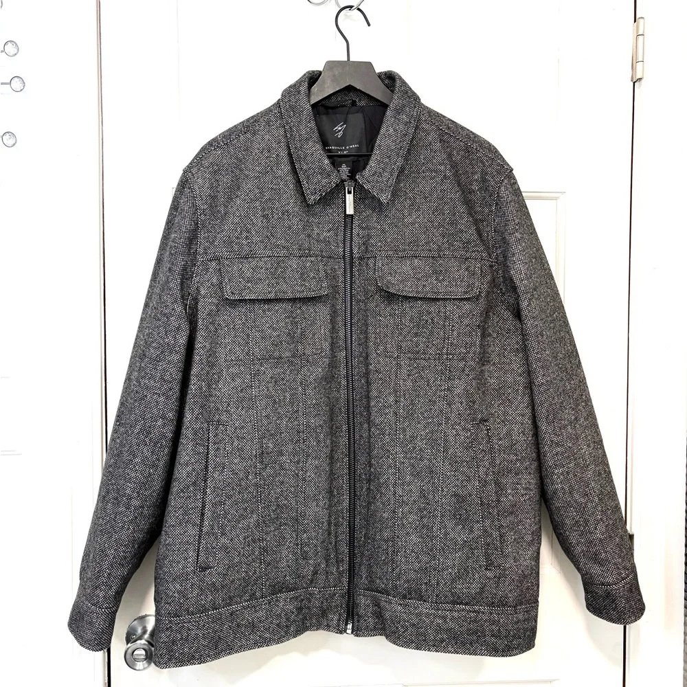 Shaquille O’Neal Wool Blend Coat Mens 2XLG Black White Check Full Zip Big & Tall